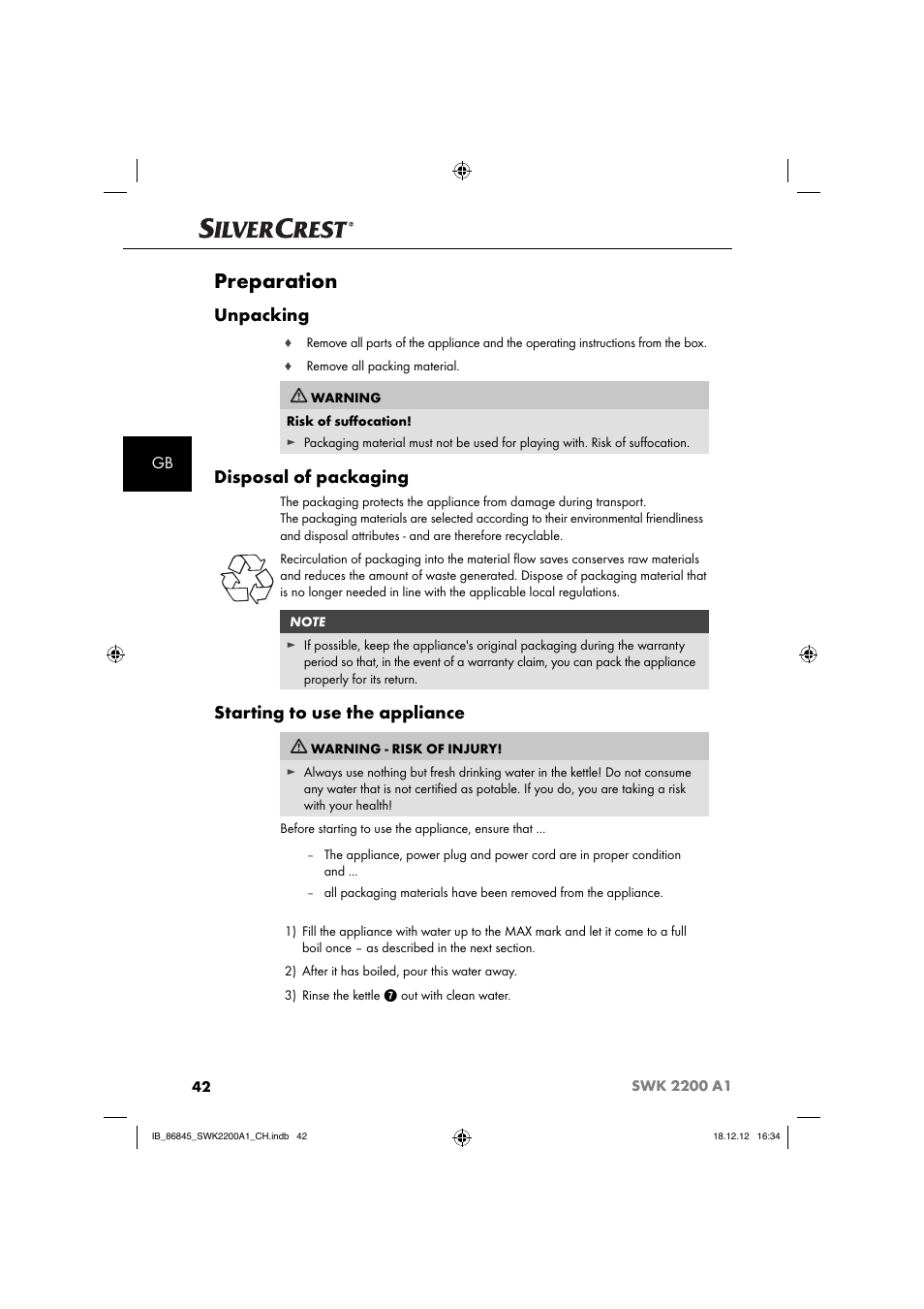 Preparation, Unpacking, Disposal of packaging | Starting to use the appliance | Silvercrest SWK 2200 A1 User Manual | Page 45 / 52