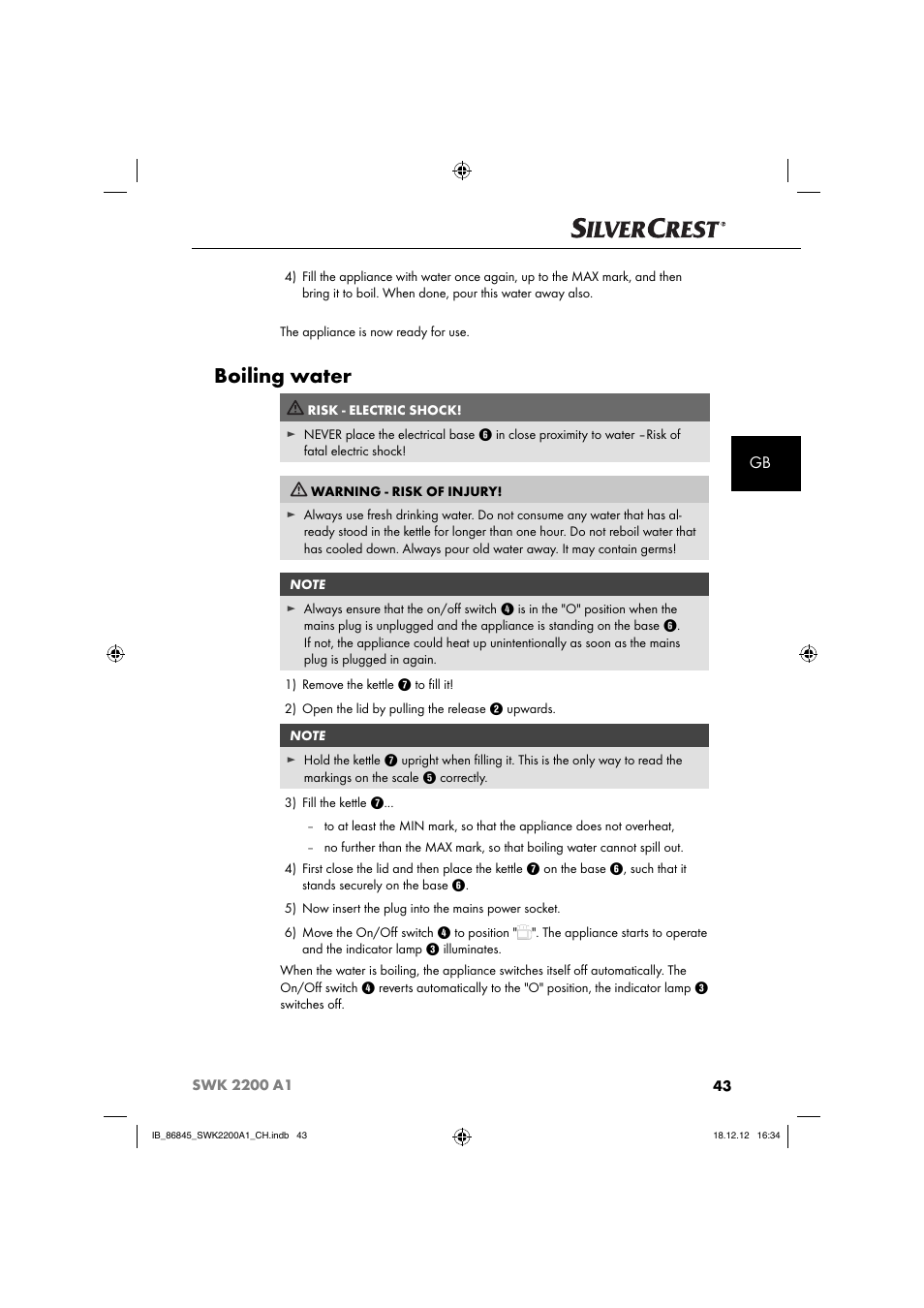 Boiling water | Silvercrest SWK 2200 A1 User Manual | Page 46 / 52