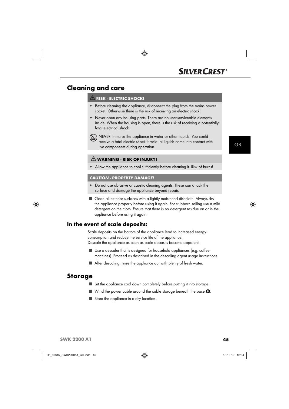 Cleaning and care, Storage | Silvercrest SWK 2200 A1 User Manual | Page 48 / 52