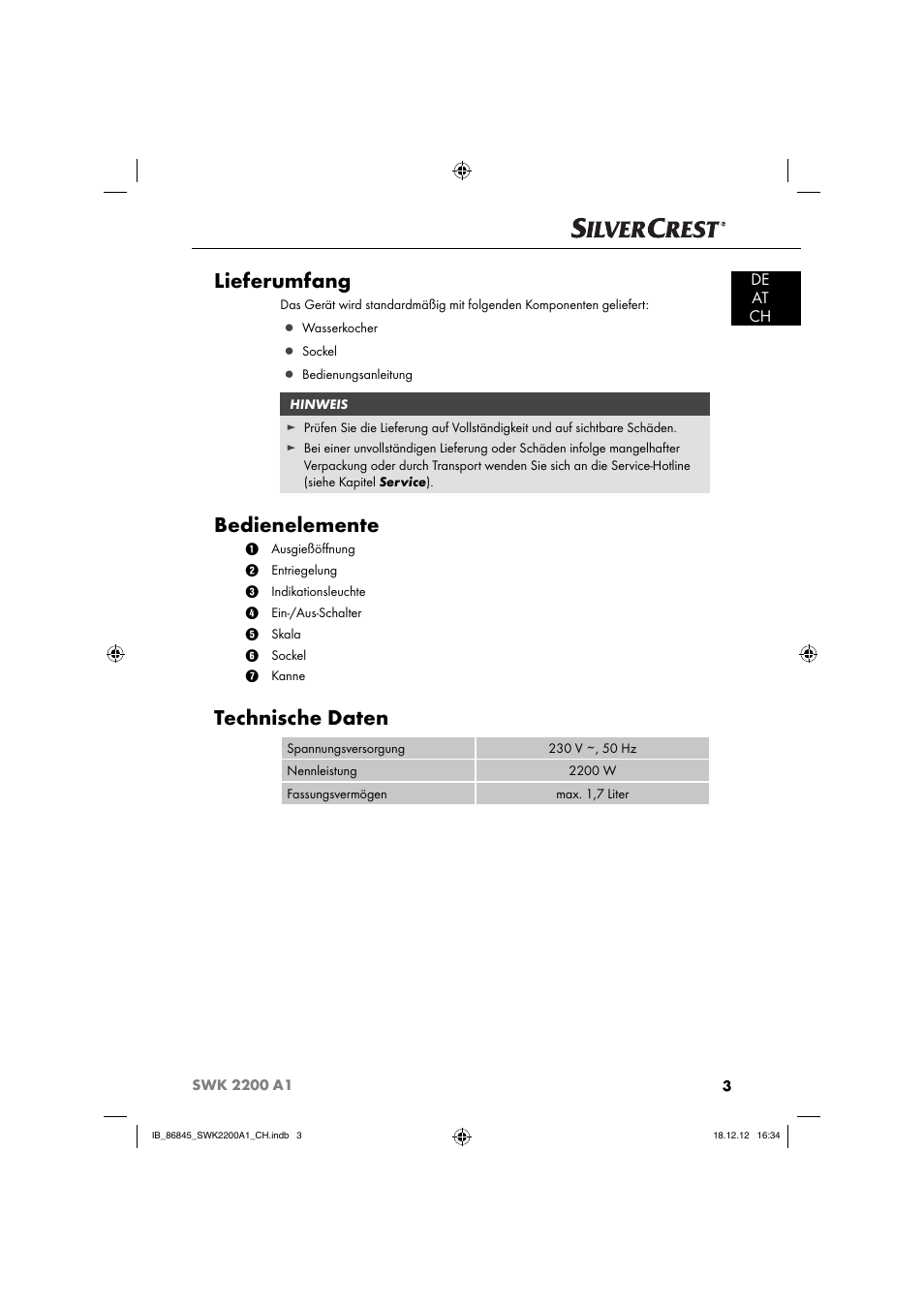 Lieferumfang, Bedienelemente, Technische daten | De at ch | Silvercrest SWK 2200 A1 User Manual | Page 6 / 52