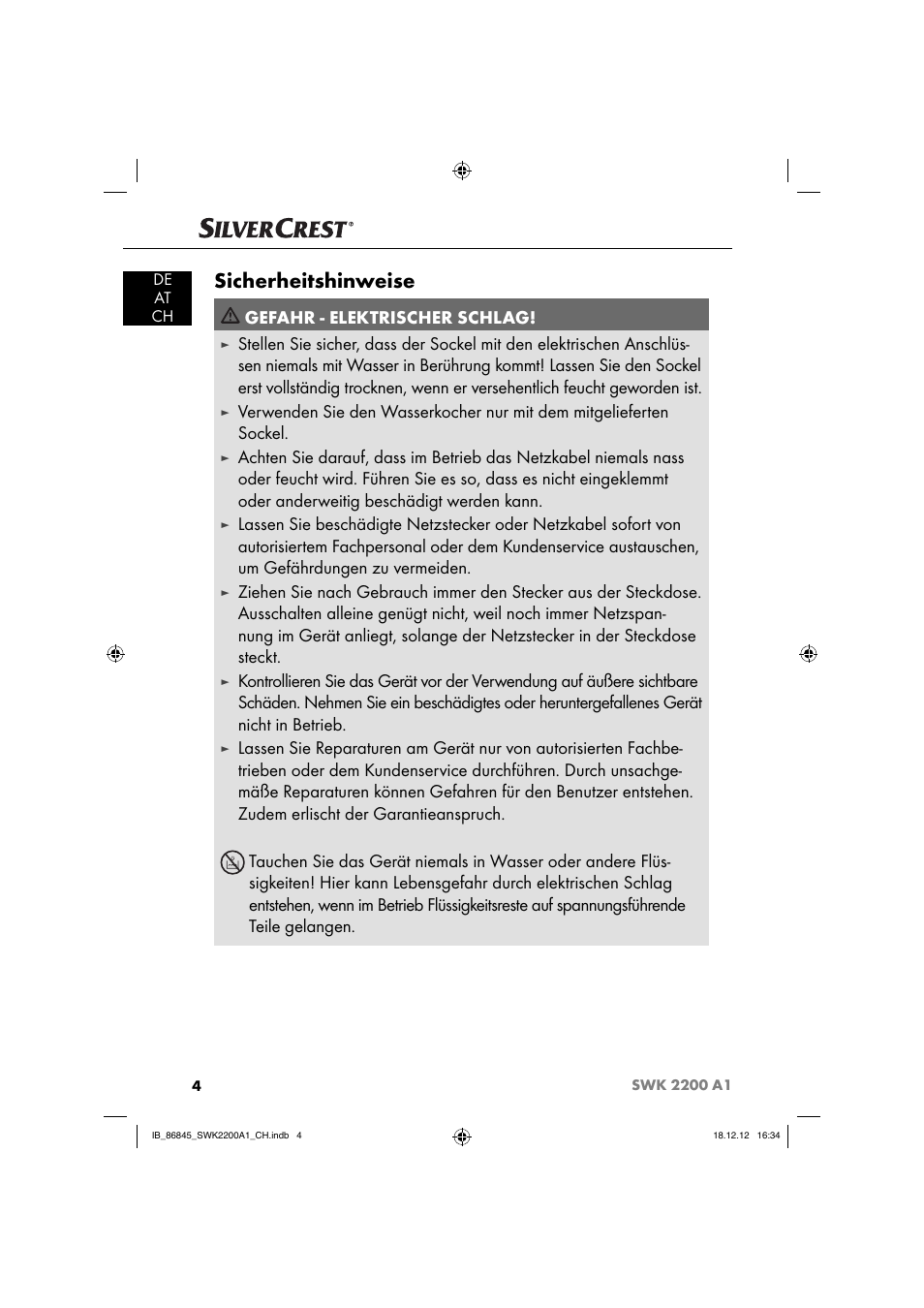 Sicherheitshinweise, Gefahr - elektrischer schlag | Silvercrest SWK 2200 A1 User Manual | Page 7 / 52