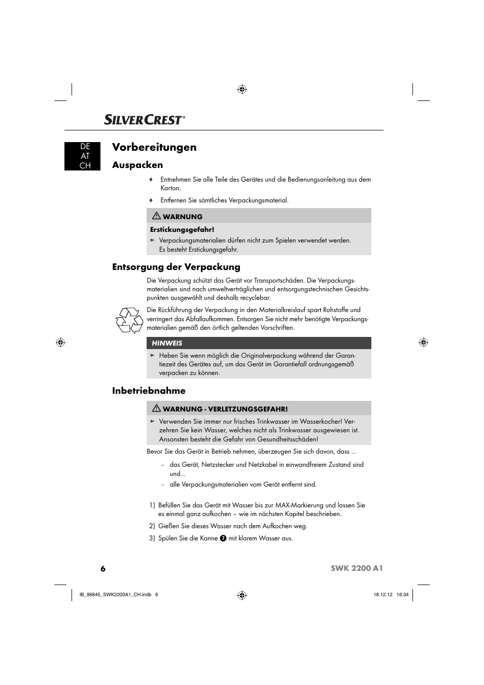 Vorbereitungen, Auspacken, Entsorgung der verpackung | Inbetriebnahme, De at ch | Silvercrest SWK 2200 A1 User Manual | Page 9 / 52