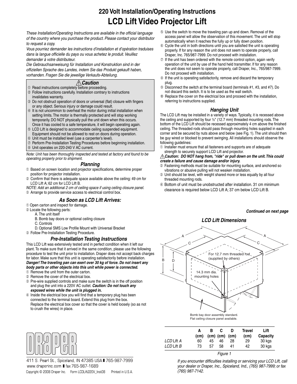 Draper LCD Lift Video Projector User Manual | 4 pages