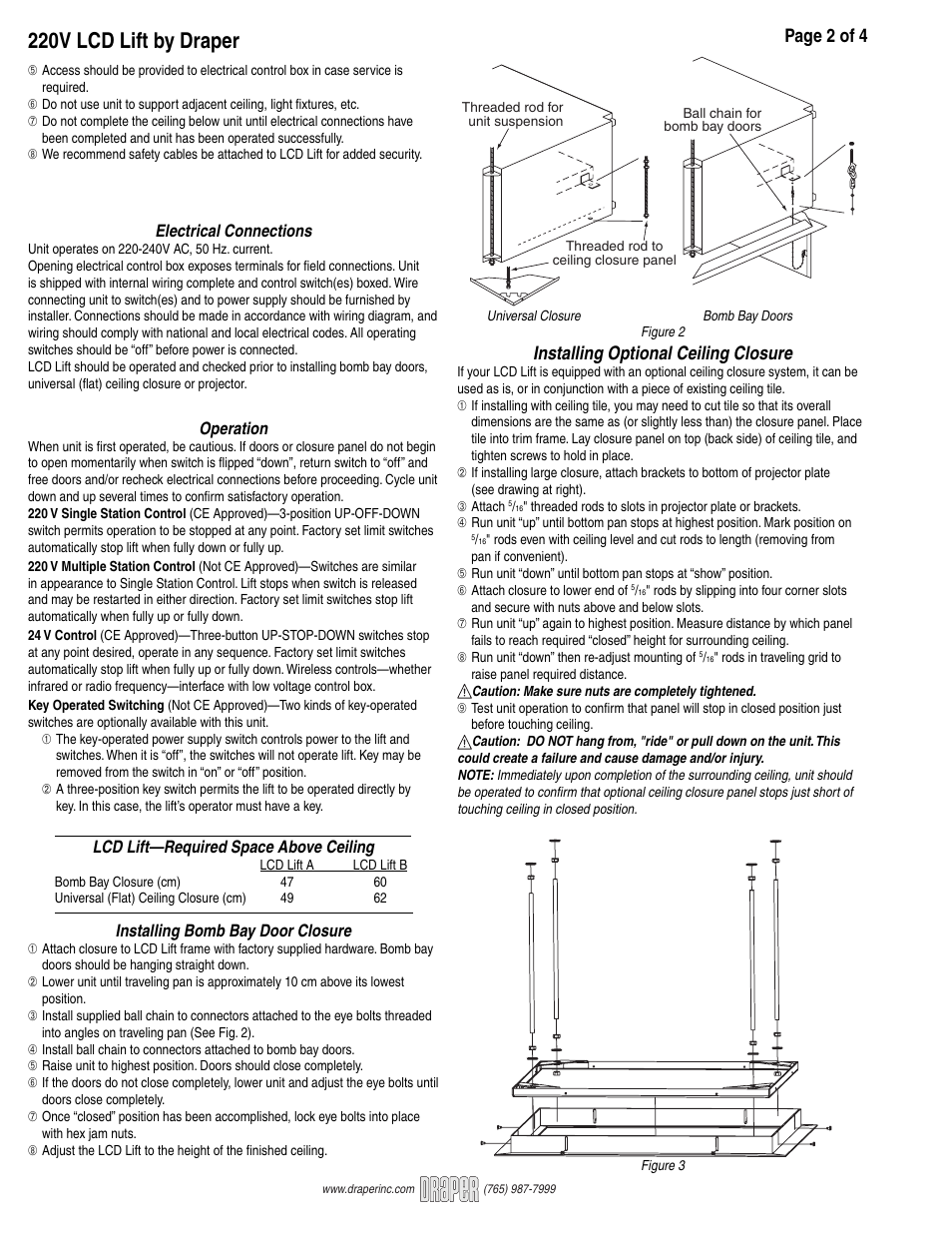 220v lcd lift by draper, Page 2 of 4, Installing optional ceiling closure | Installing bomb bay door closure, Lcd lift—required space above ceiling, Operation, Electrical connections | Draper LCD Lift Video Projector User Manual | Page 2 / 4