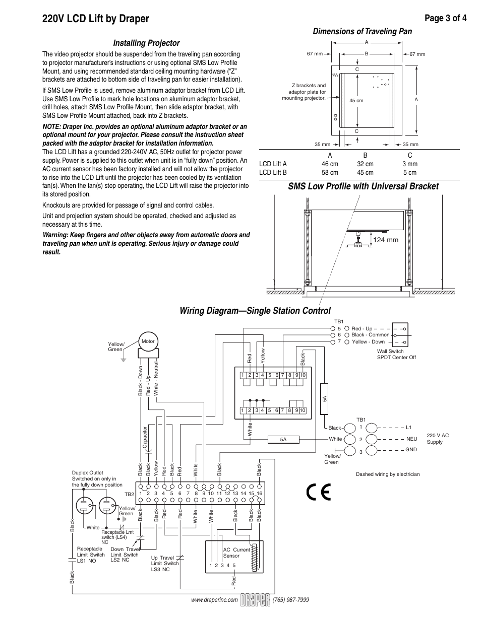 220v lcd lift by draper, Page 3 of 4, Installing projector | Dimensions of traveling pan | Draper LCD Lift Video Projector User Manual | Page 3 / 4