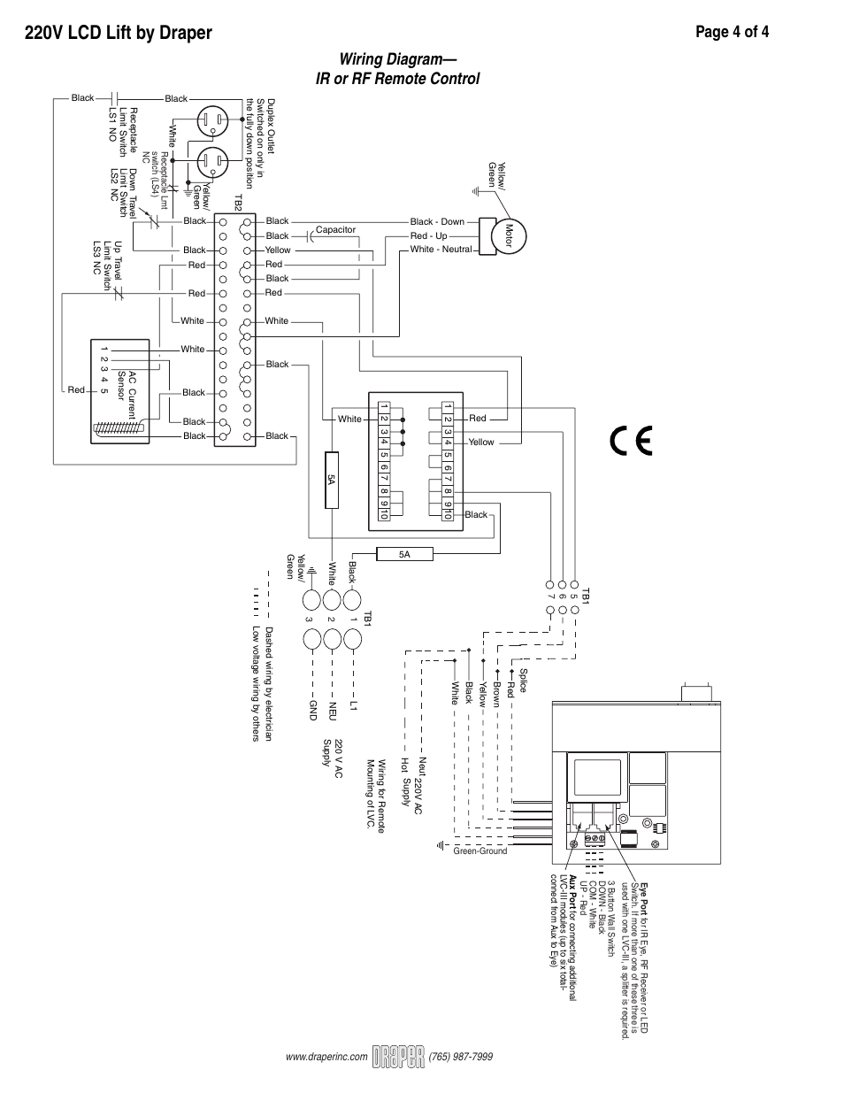 220v lcd lift by draper, Page 4 of 4, Wiring diagram— ir or rf remote control | Draper LCD Lift Video Projector User Manual | Page 4 / 4