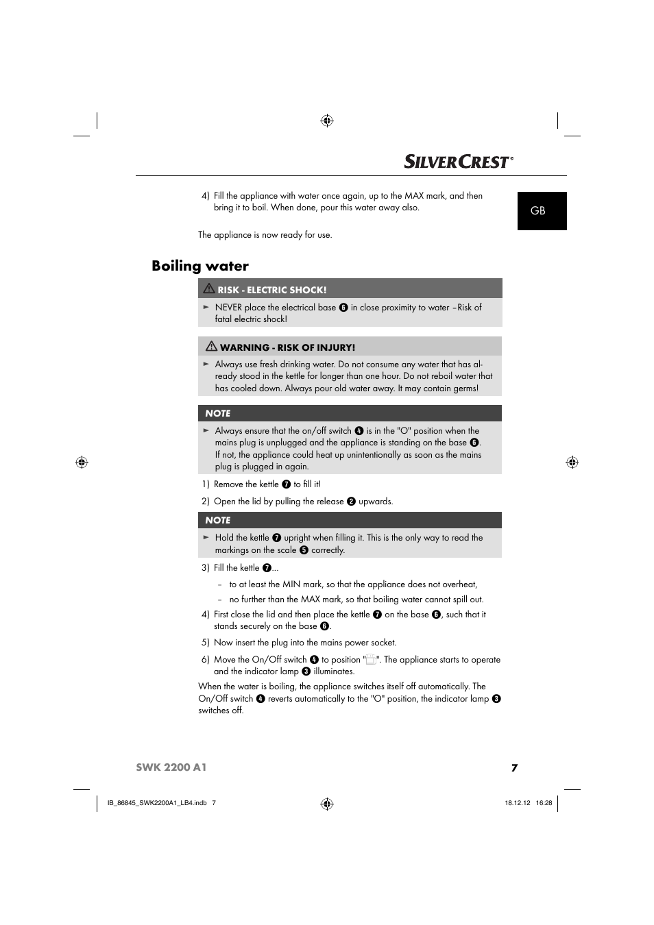 Boiling water | Silvercrest SWK 2200 A1 User Manual | Page 10 / 40