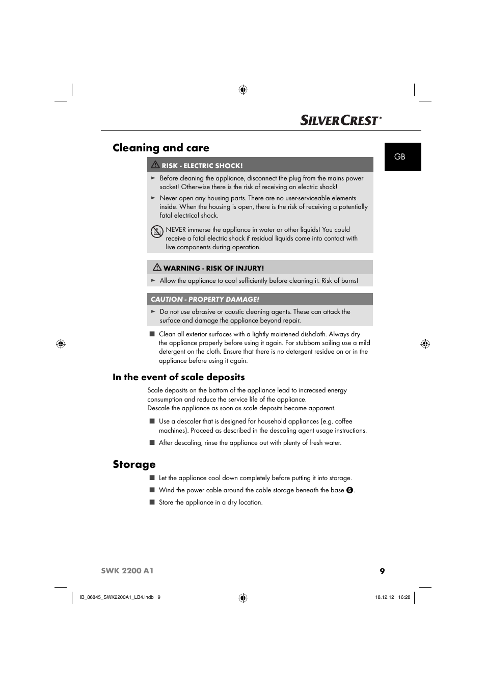 Cleaning and care, Storage | Silvercrest SWK 2200 A1 User Manual | Page 12 / 40