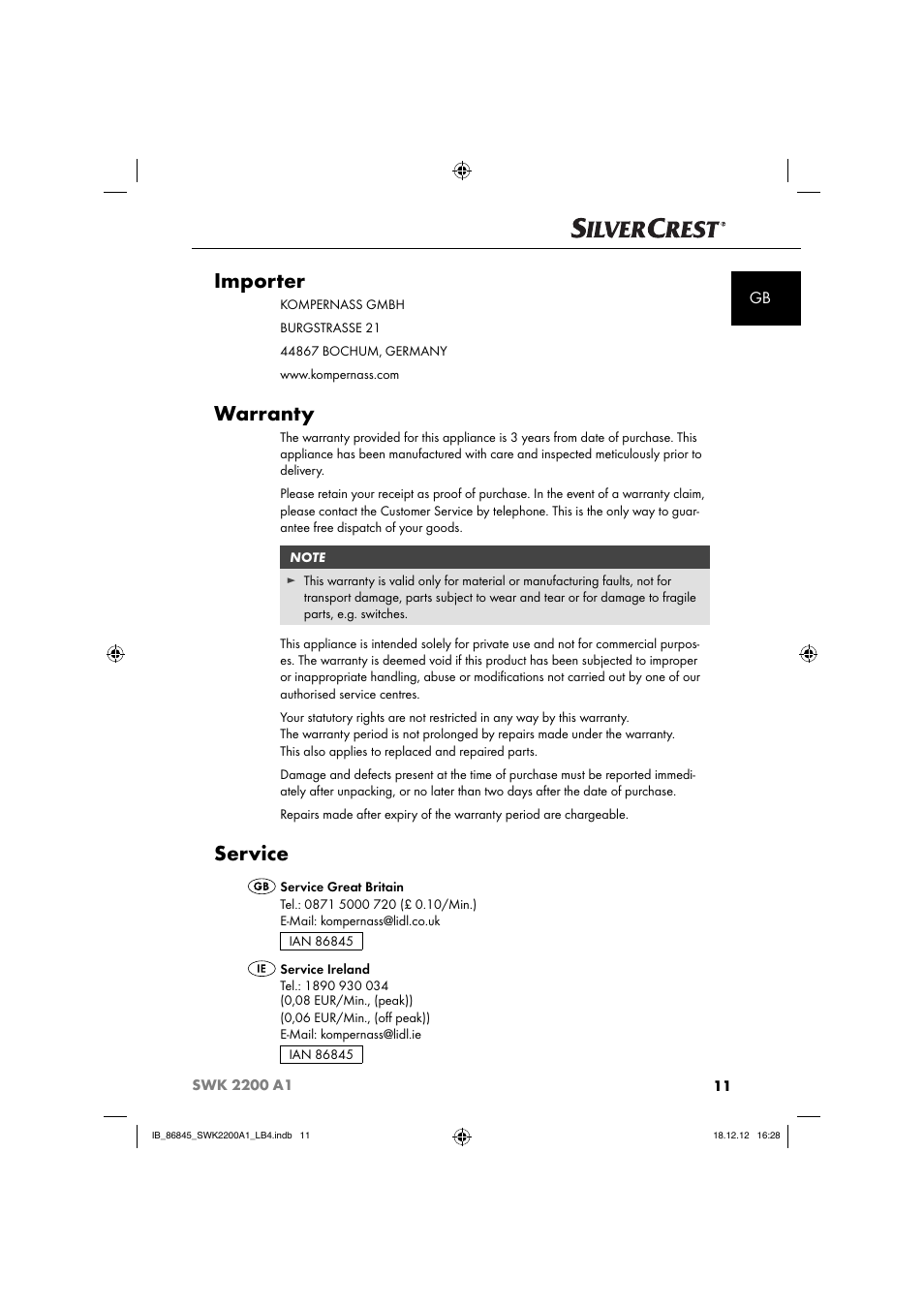 Importer, Warranty, Service | Silvercrest SWK 2200 A1 User Manual | Page 14 / 40