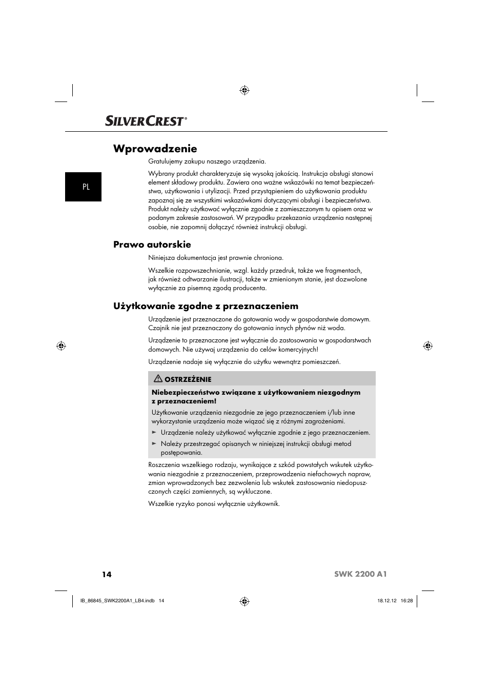Wprowadzenie, Prawo autorskie, Użytkowanie zgodne z przeznaczeniem | Silvercrest SWK 2200 A1 User Manual | Page 17 / 40