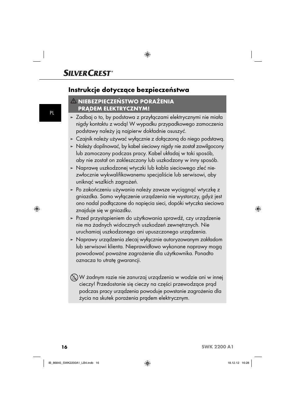 Instrukcje dotyczące bezpieczeństwa, Niebezpieczeństwo porażenia prądem elektrycznym | Silvercrest SWK 2200 A1 User Manual | Page 19 / 40