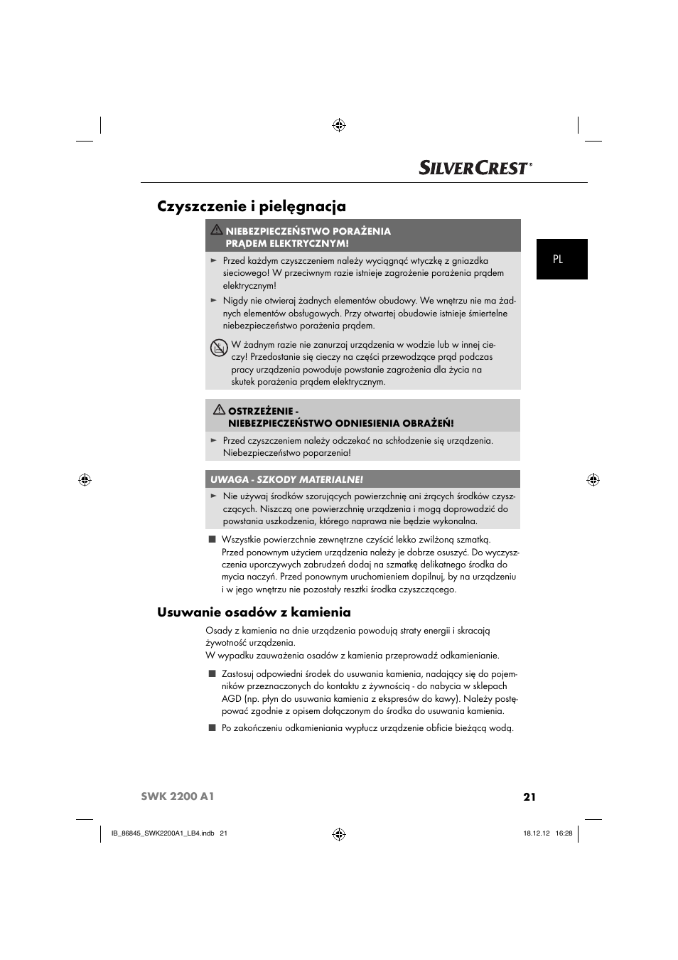 Czyszczenie i pielęgnacja, Usuwanie osadów z kamienia | Silvercrest SWK 2200 A1 User Manual | Page 24 / 40