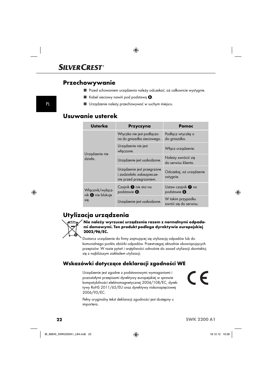 Przechowywanie, Usuwanie usterek, Utylizacja urządzenia | Wskazówki dotyczące deklaracji zgodności we | Silvercrest SWK 2200 A1 User Manual | Page 25 / 40