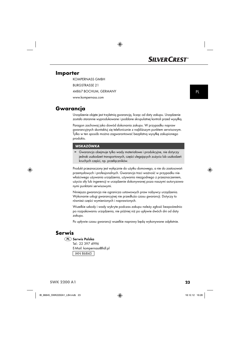 Importer, Gwarancja, Serwis | Silvercrest SWK 2200 A1 User Manual | Page 26 / 40