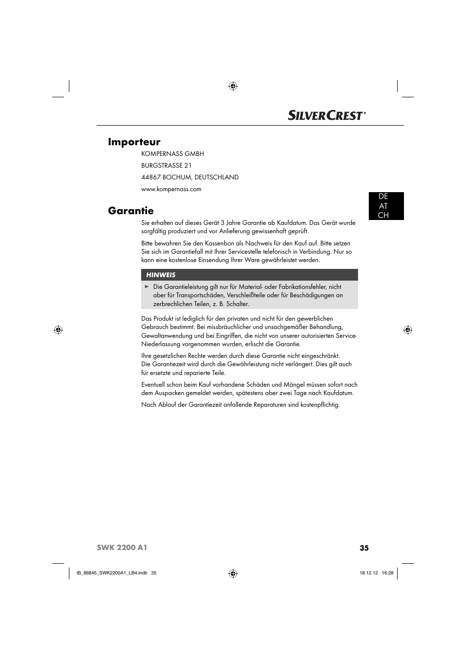 Importeur, Garantie, De at ch | Silvercrest SWK 2200 A1 User Manual | Page 38 / 40