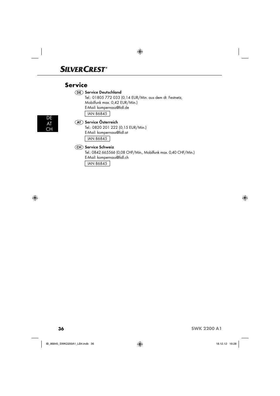 Service, De at ch | Silvercrest SWK 2200 A1 User Manual | Page 39 / 40