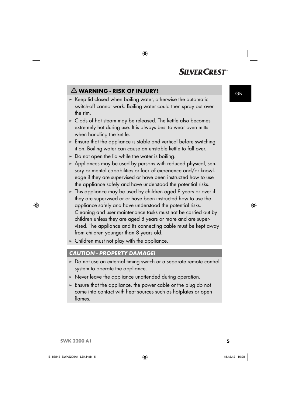 Warning - risk of injury, Do not open the lid while the water is boiling | Silvercrest SWK 2200 A1 User Manual | Page 8 / 40