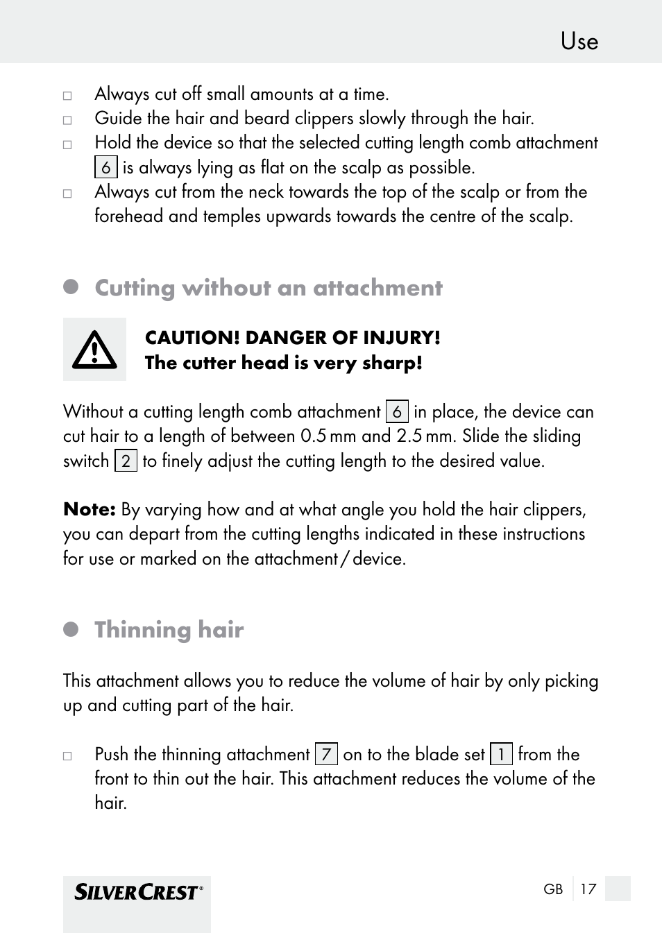 Cutting without an attachment, Thinning hair | Silvercrest SHBS 1000 A1 User Manual | Page 17 / 125
