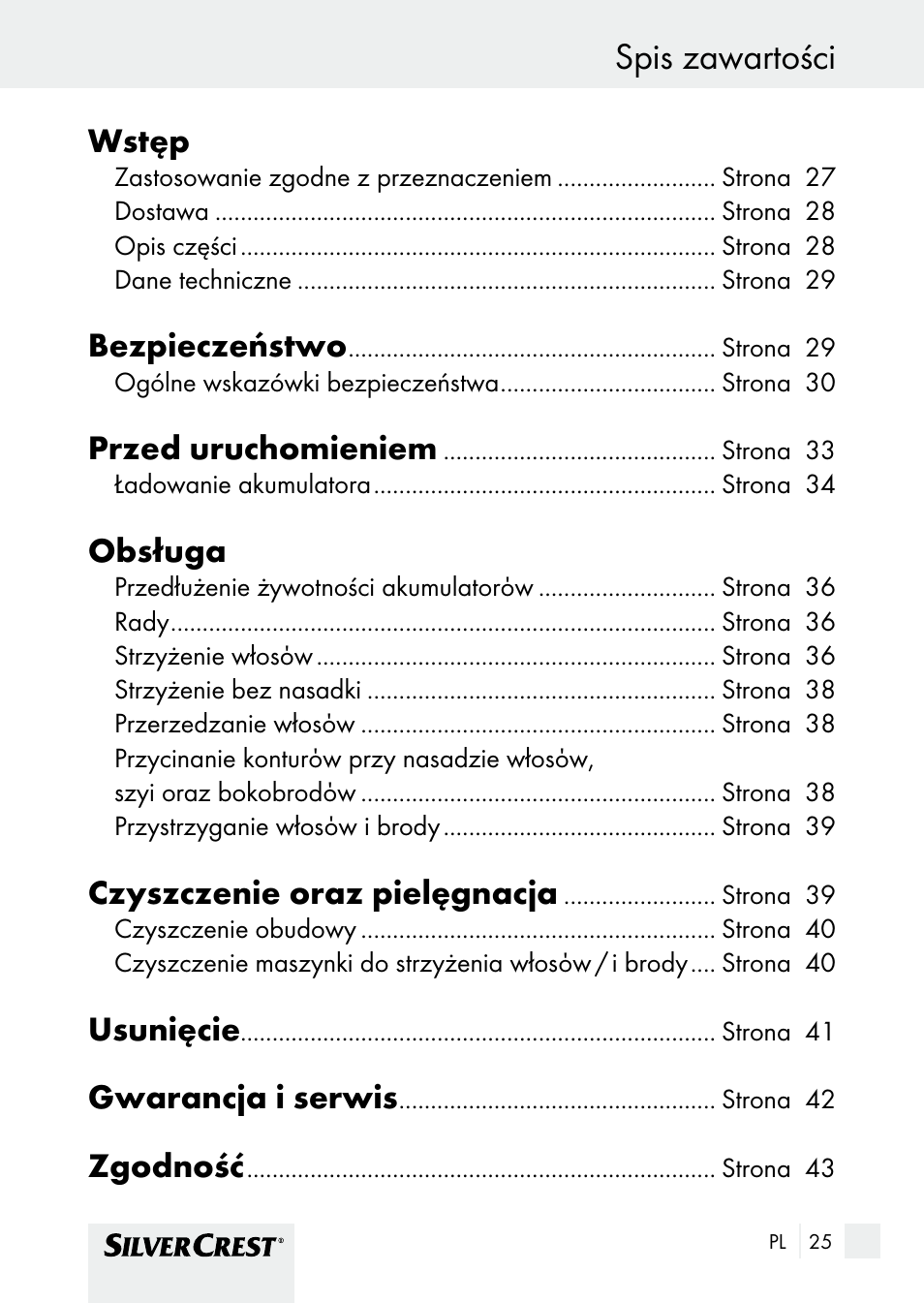 Spis zawartości, Wstęp, Bezpieczeństwo | Przed uruchomieniem, Obsługa, Czyszczenie oraz pielęgnacja, Usunięcie, Gwarancja i serwis, Zgodność | Silvercrest SHBS 1000 A1 User Manual | Page 25 / 125