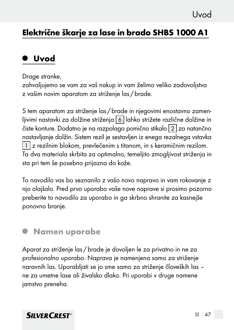Uvod, Namen uporabe | Silvercrest SHBS 1000 A1 User Manual | Page 47 / 125