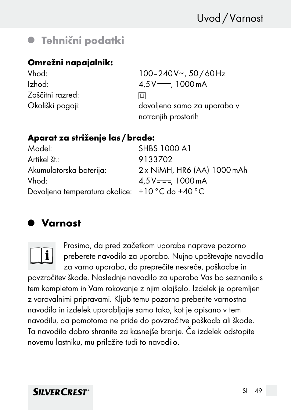 Uvod / varnost uvod, Tehnični podatki, Varnost | Silvercrest SHBS 1000 A1 User Manual | Page 49 / 125