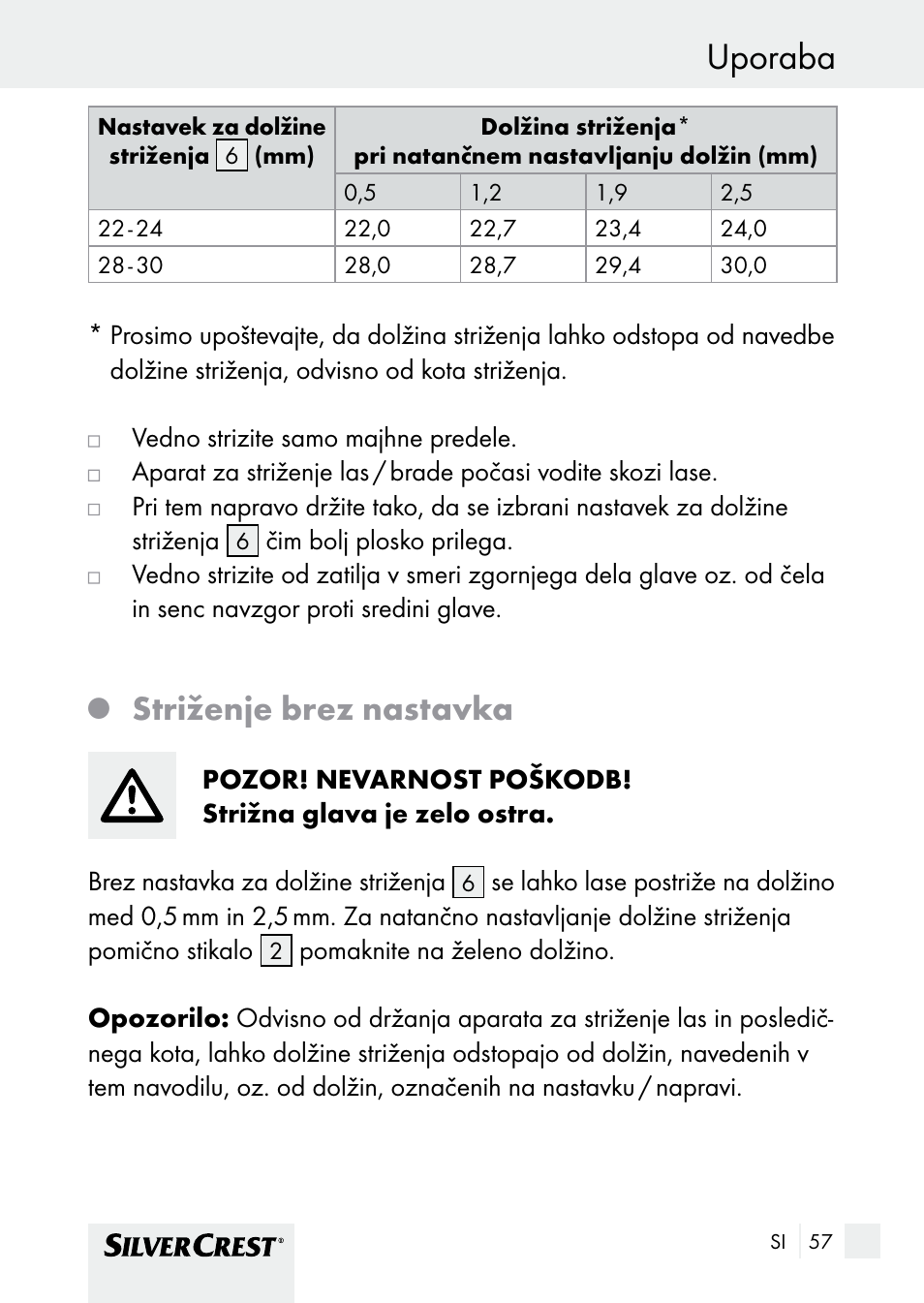 Uporaba, Striženje brez nastavka | Silvercrest SHBS 1000 A1 User Manual | Page 57 / 125