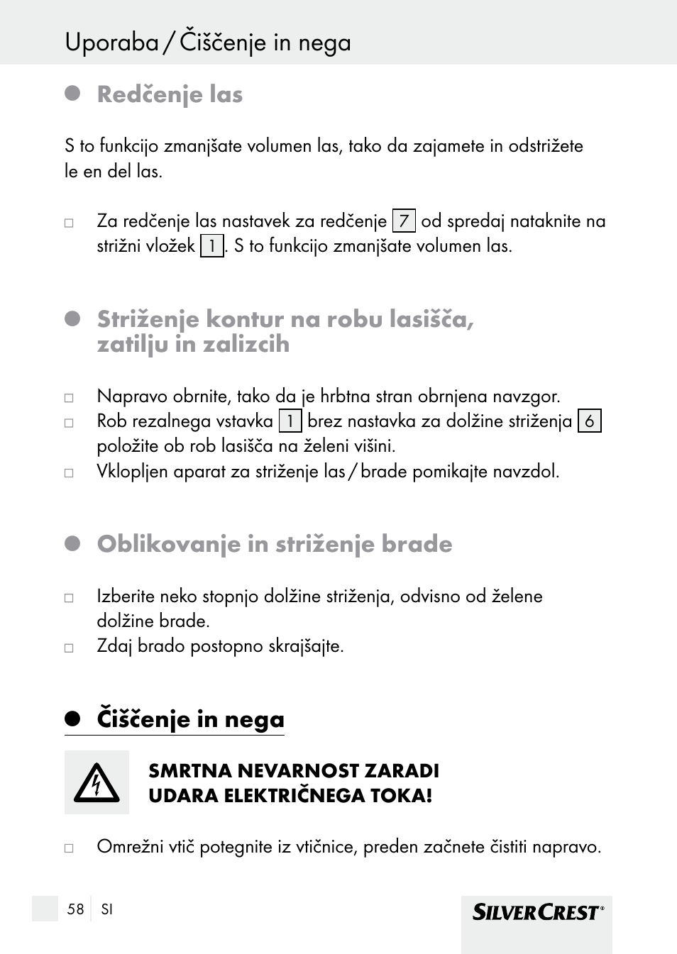 Čiščenje in nega uporaba / čiščenje in nega, Redčenje las, Oblikovanje in striženje brade | Čiščenje in nega | Silvercrest SHBS 1000 A1 User Manual | Page 58 / 125