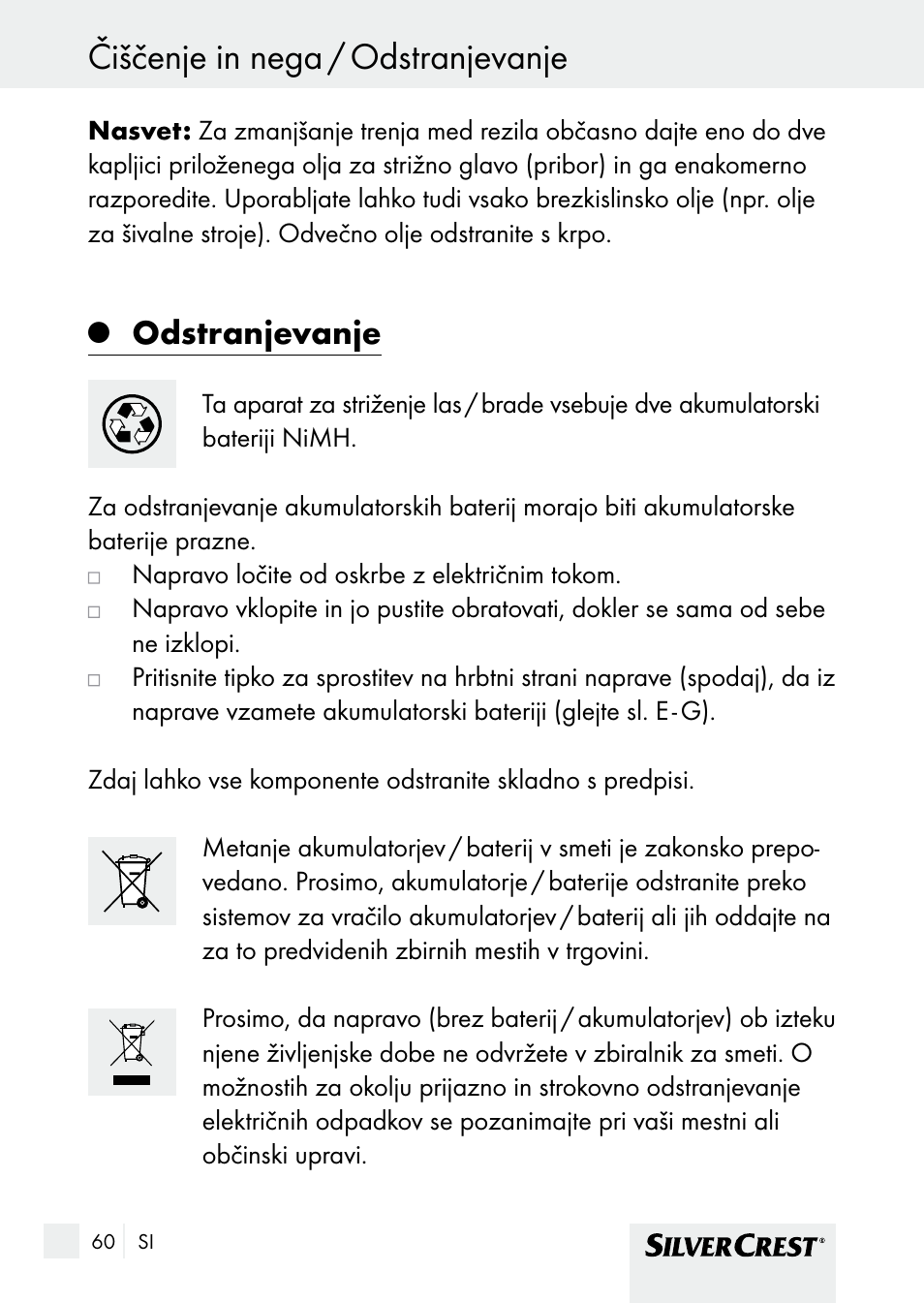 Odstranjevanje | Silvercrest SHBS 1000 A1 User Manual | Page 60 / 125