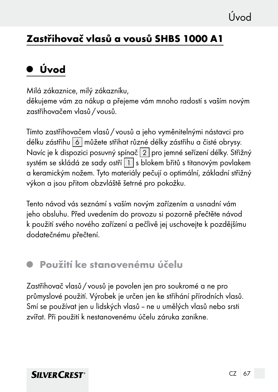 Úvod, Použití ke stanovenému účelu | Silvercrest SHBS 1000 A1 User Manual | Page 67 / 125