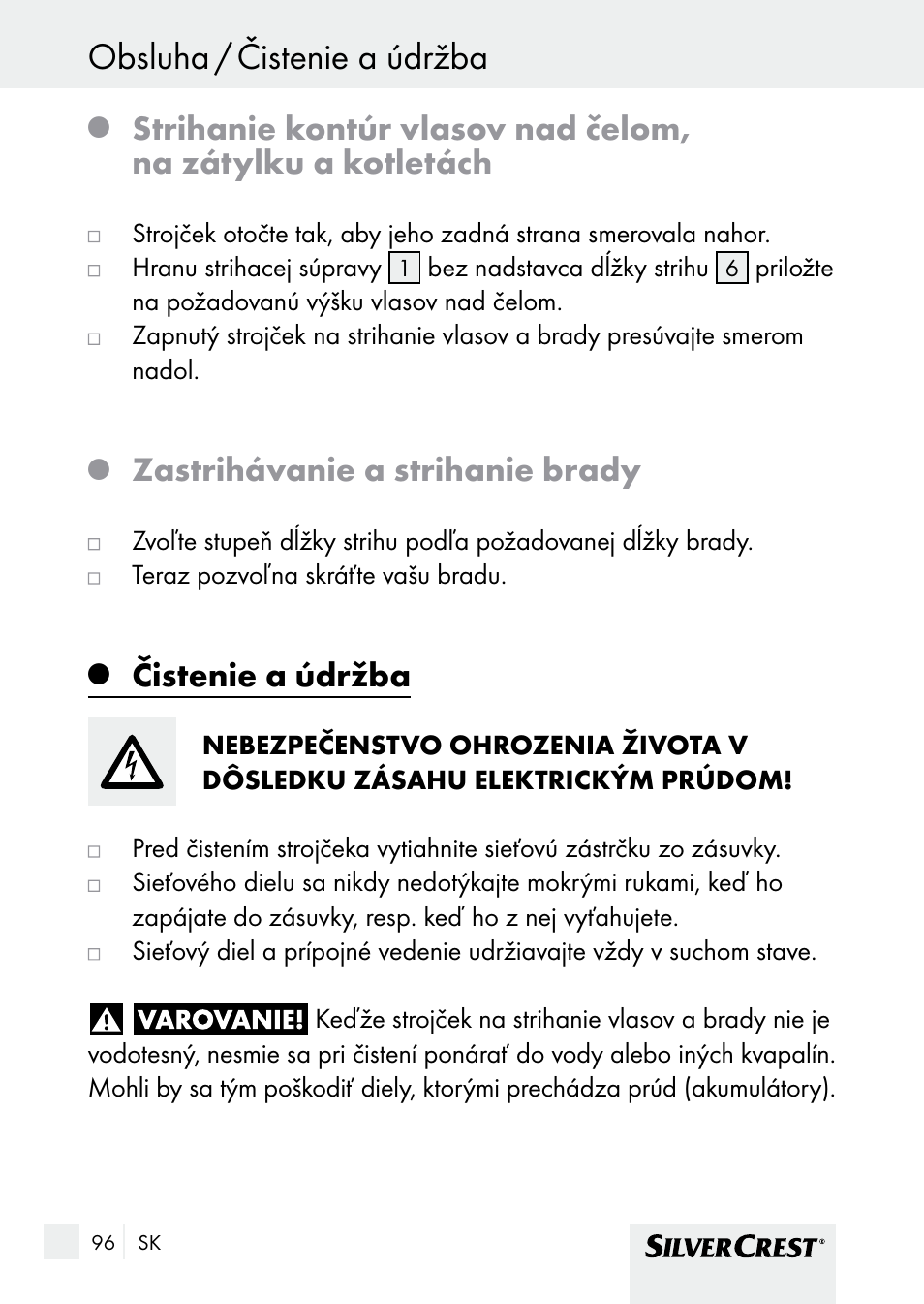 Čistenie a údržba obsluha / čistenie a údržba, Zastrihávanie a strihanie brady, Čistenie a údržba | Silvercrest SHBS 1000 A1 User Manual | Page 96 / 125