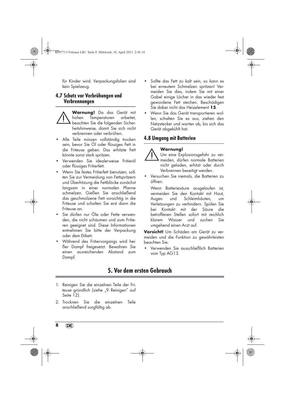 Vor dem ersten gebrauch, 7 schutz vor verbrühungen und verbrennungen, 8 umgang mit batterien | Silvercrest SKF 2800 A1 User Manual | Page 10 / 78