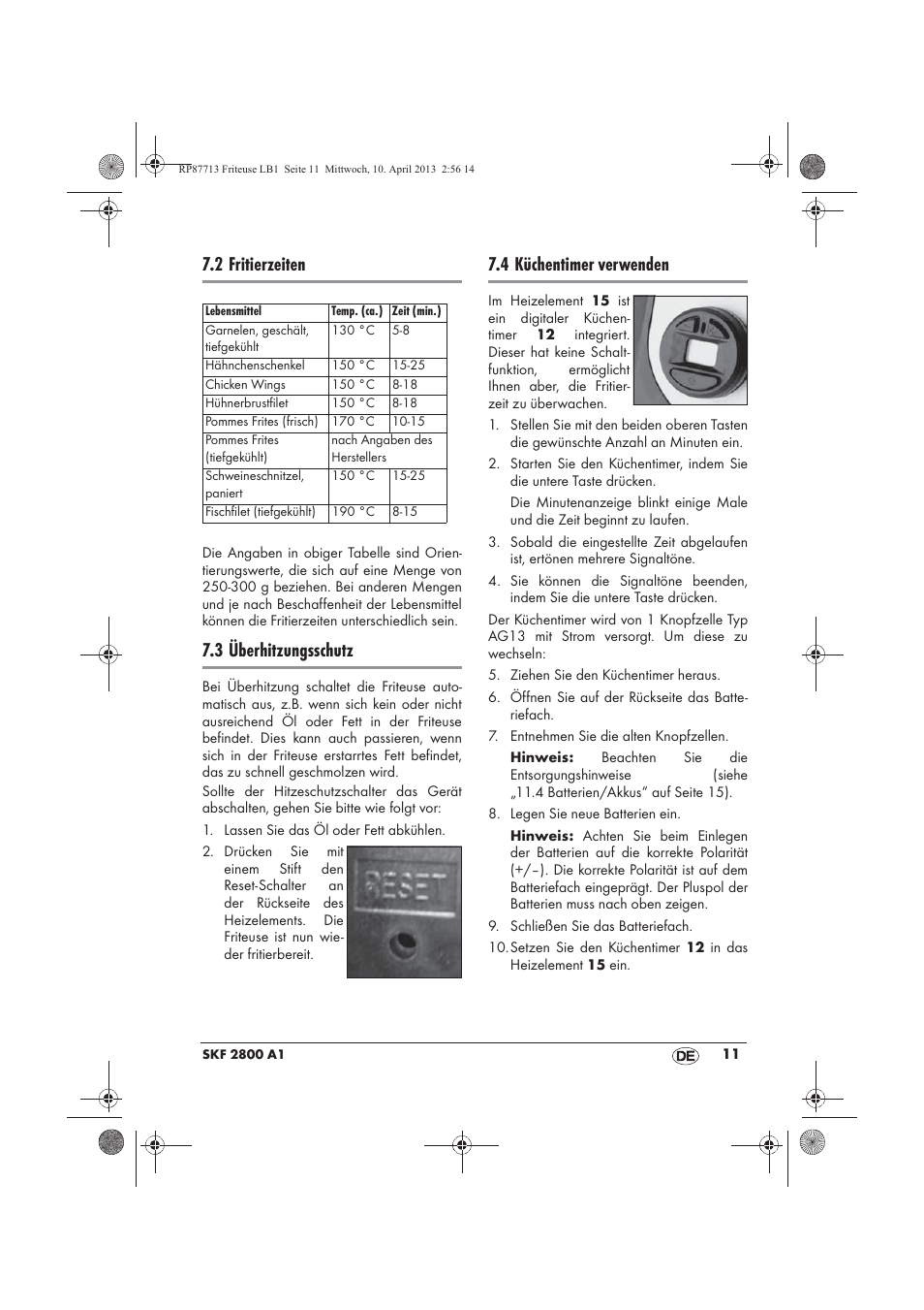 2 fritierzeiten, 3 überhitzungsschutz, 4 küchentimer verwenden | Silvercrest SKF 2800 A1 User Manual | Page 13 / 78