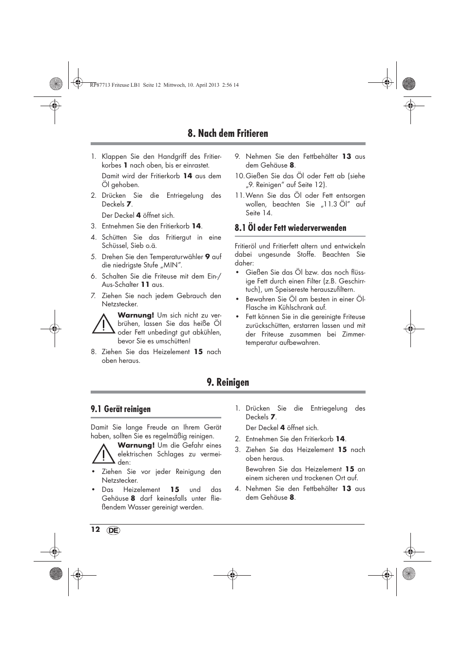 Nach dem fritieren, Reinigen, 1 öl oder fett wiederverwenden | 1 gerät reinigen | Silvercrest SKF 2800 A1 User Manual | Page 14 / 78