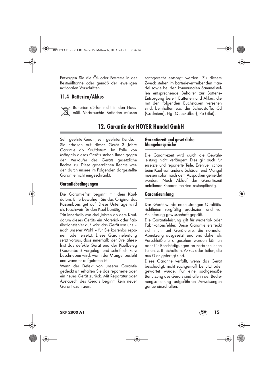 Garantie der hoyer handel gmbh | Silvercrest SKF 2800 A1 User Manual | Page 17 / 78