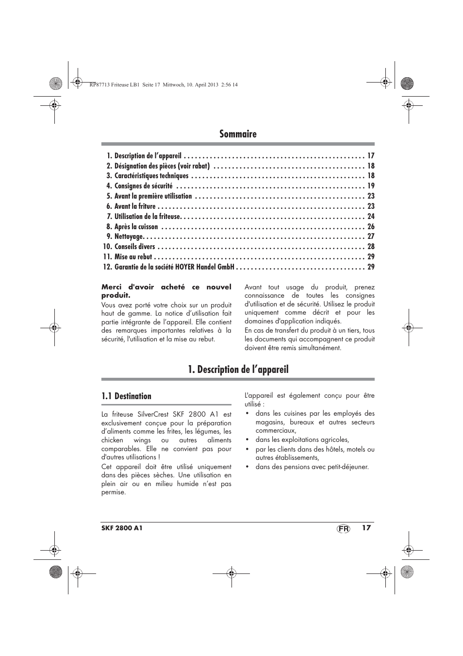 Sommaire, Description de l’appareil, 1 destination | Silvercrest SKF 2800 A1 User Manual | Page 19 / 78