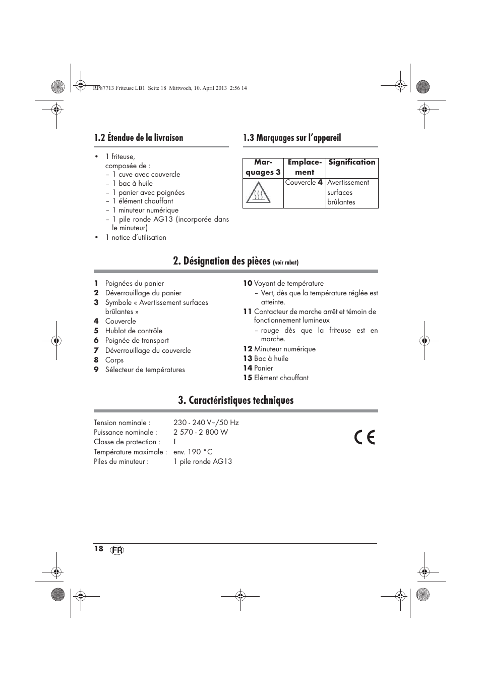Désignation des pièces, Caractéristiques techniques, 2 étendue de la livraison | 3 marquages sur l’appareil | Silvercrest SKF 2800 A1 User Manual | Page 20 / 78