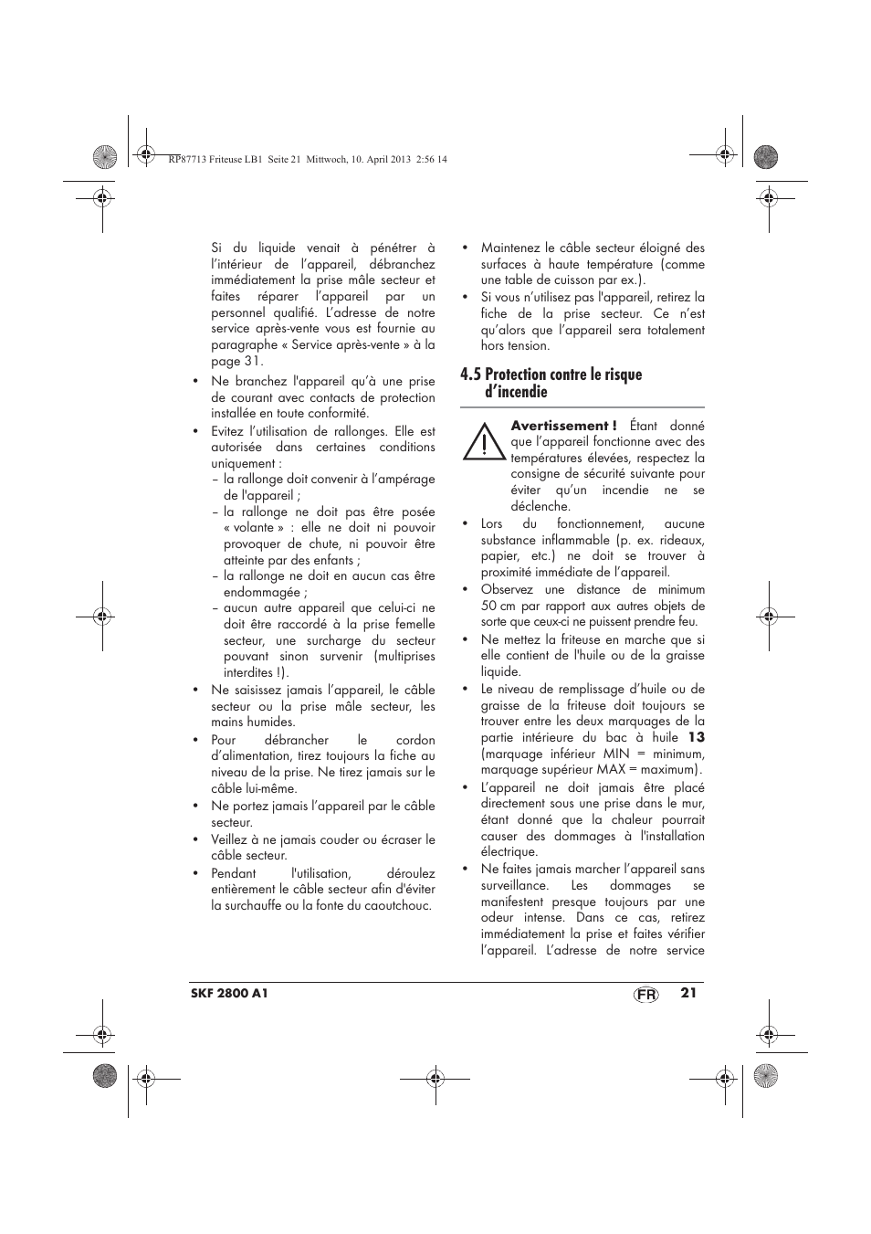 5 protection contre le risque d’incendie | Silvercrest SKF 2800 A1 User Manual | Page 23 / 78