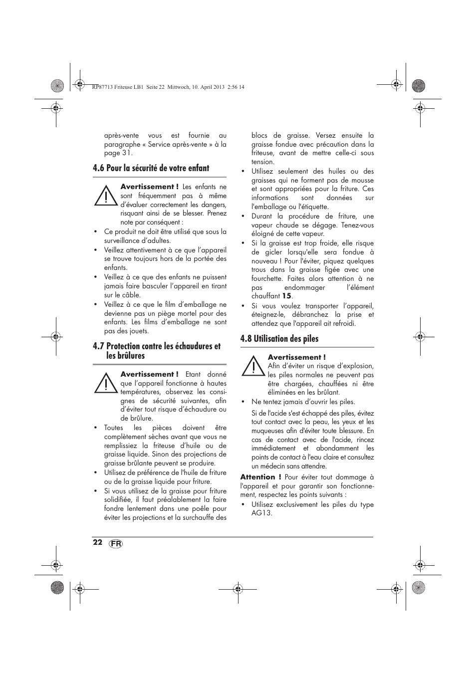 6 pour la sécurité de votre enfant, 7 protection contre les échaudures et les brûlures, 8 utilisation des piles | Silvercrest SKF 2800 A1 User Manual | Page 24 / 78