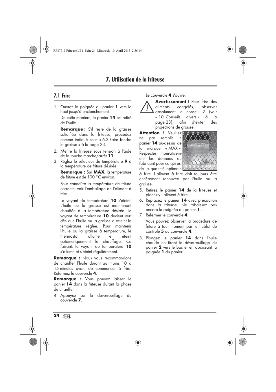 Utilisation de la friteuse, 1 frire | Silvercrest SKF 2800 A1 User Manual | Page 26 / 78