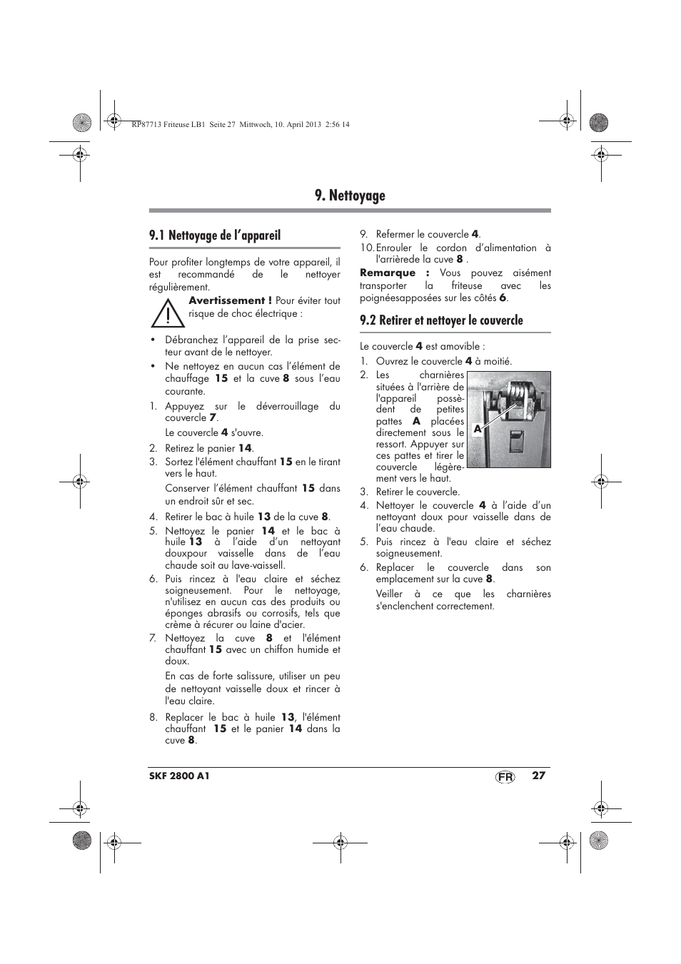 Nettoyage, 1 nettoyage de l’appareil, 2 retirer et nettoyer le couvercle | Silvercrest SKF 2800 A1 User Manual | Page 29 / 78