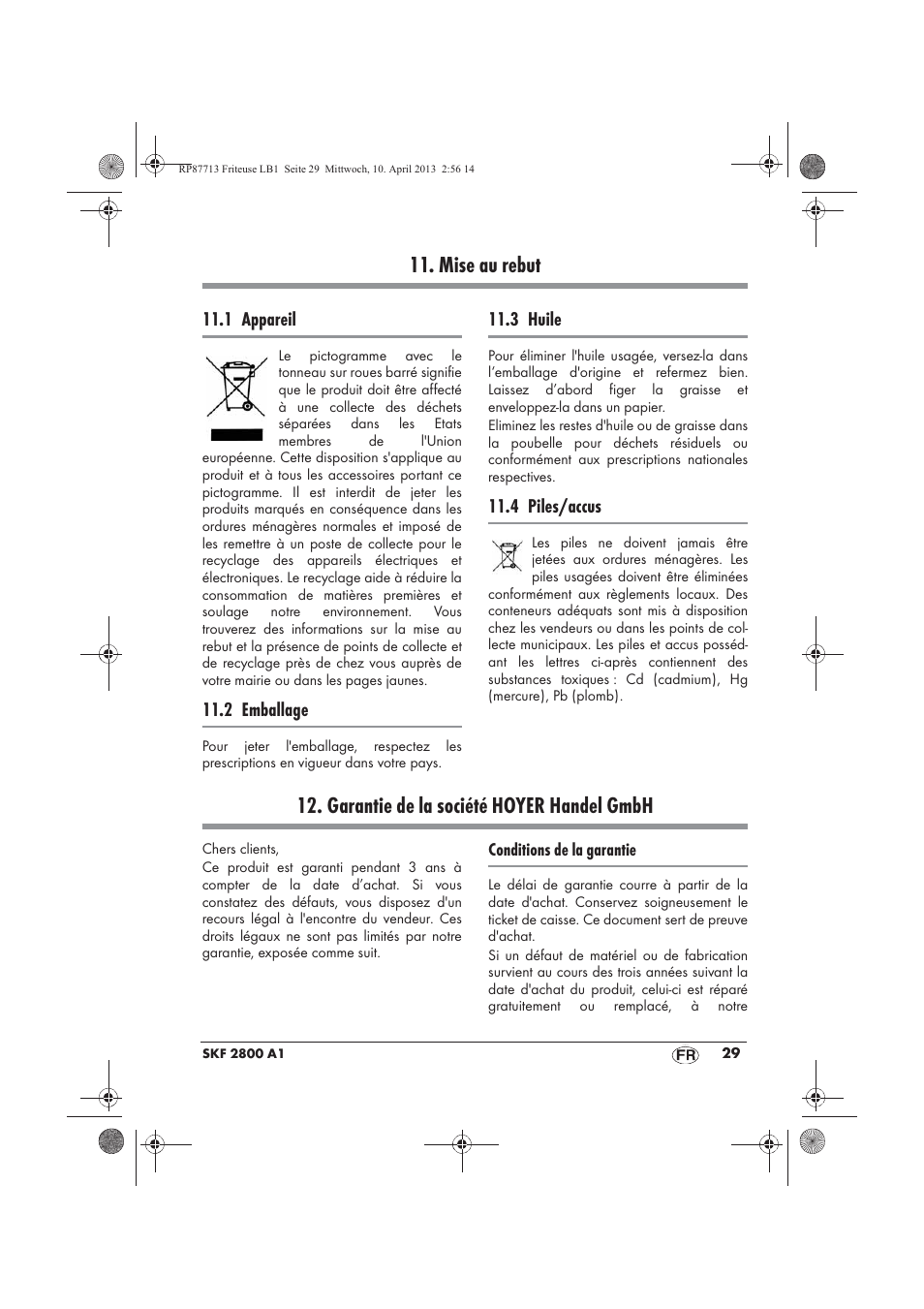 Mise au rebut, Garantie de la société hoyer handel gmbh | Silvercrest SKF 2800 A1 User Manual | Page 31 / 78