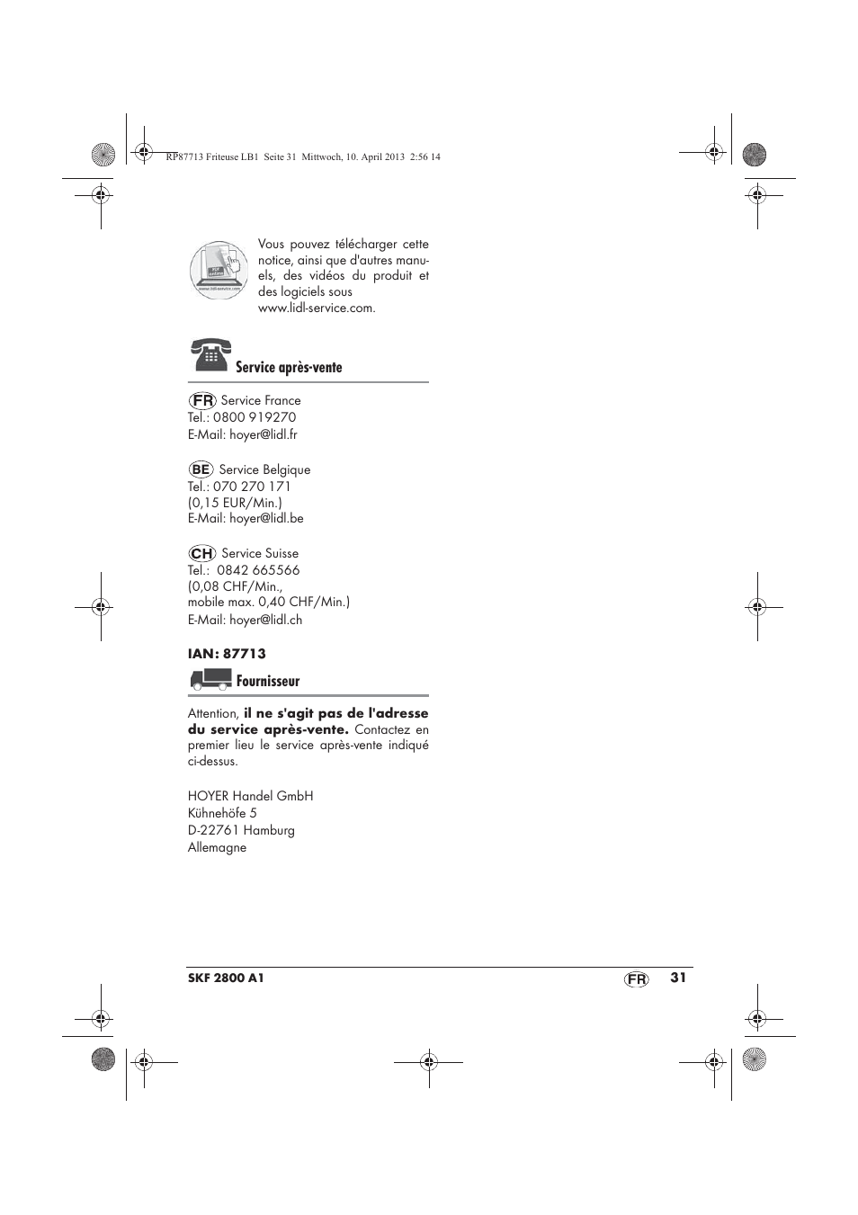 Service après-vente, Fournisseur | Silvercrest SKF 2800 A1 User Manual | Page 33 / 78