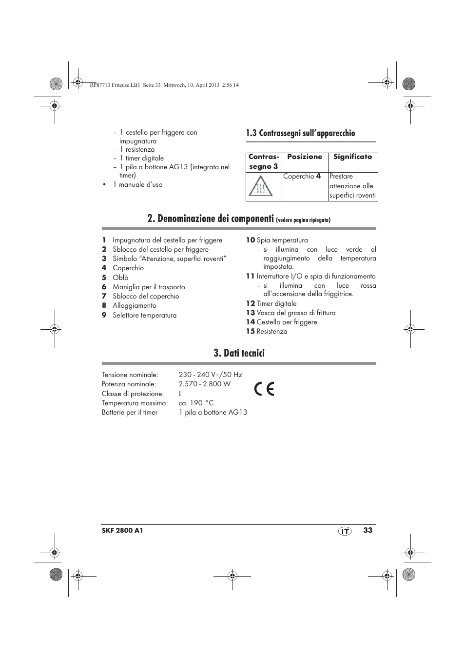 Denominazione dei componenti, Dati tecnici, 3 contrassegni sull’apparecchio | Silvercrest SKF 2800 A1 User Manual | Page 35 / 78