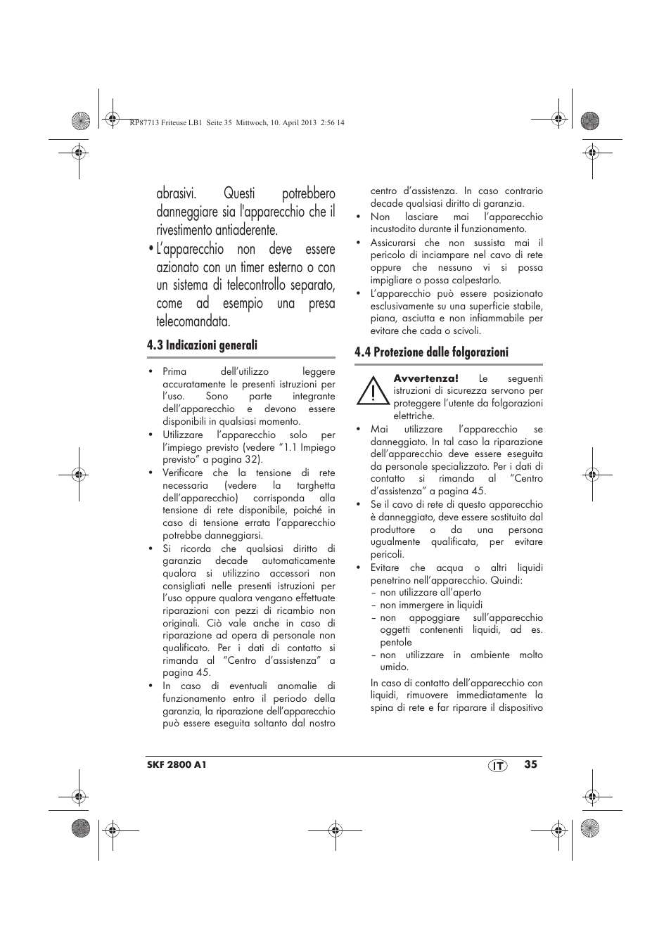 3 indicazioni generali, 4 protezione dalle folgorazioni | Silvercrest SKF 2800 A1 User Manual | Page 37 / 78