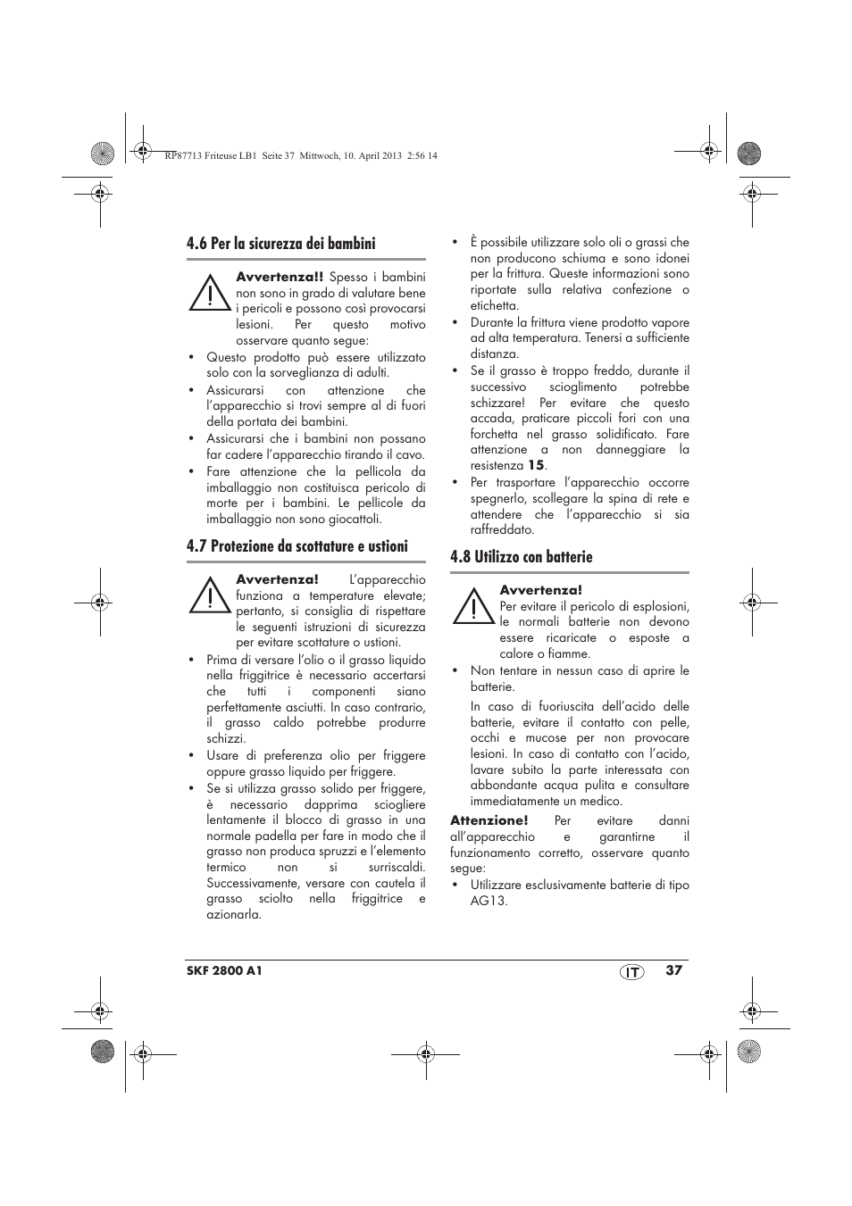 6 per la sicurezza dei bambini, 7 protezione da scottature e ustioni, 8 utilizzo con batterie | Silvercrest SKF 2800 A1 User Manual | Page 39 / 78
