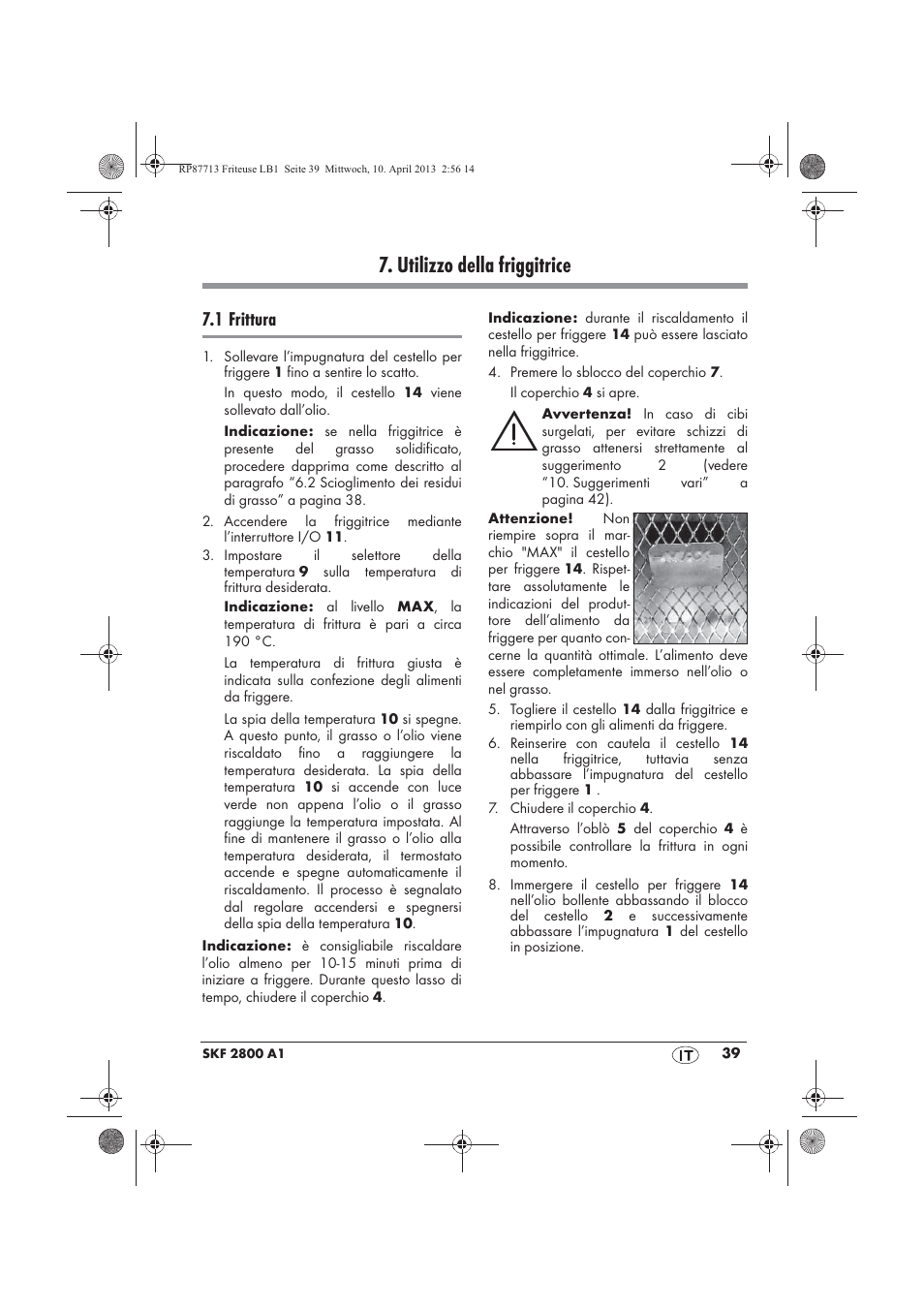 Utilizzo della friggitrice, 1 frittura | Silvercrest SKF 2800 A1 User Manual | Page 41 / 78
