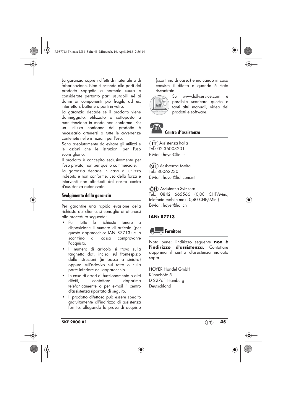 Svolgimento della garanzia, Centro d’assistenza, Fornitore | Silvercrest SKF 2800 A1 User Manual | Page 47 / 78