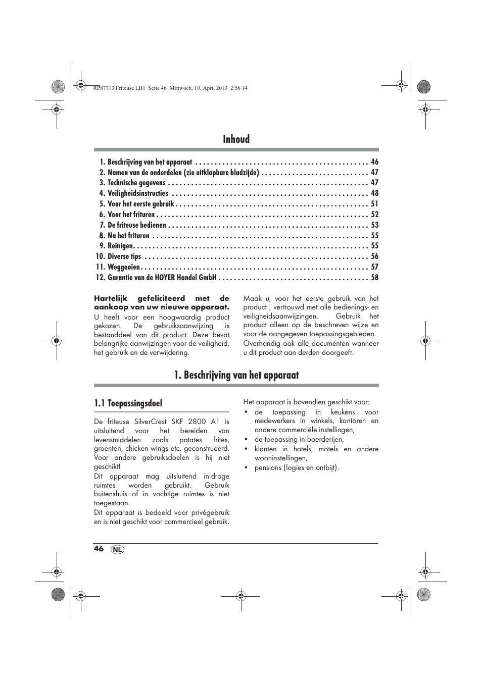 Inhoud, Beschrijving van het apparaat | Silvercrest SKF 2800 A1 User Manual | Page 48 / 78