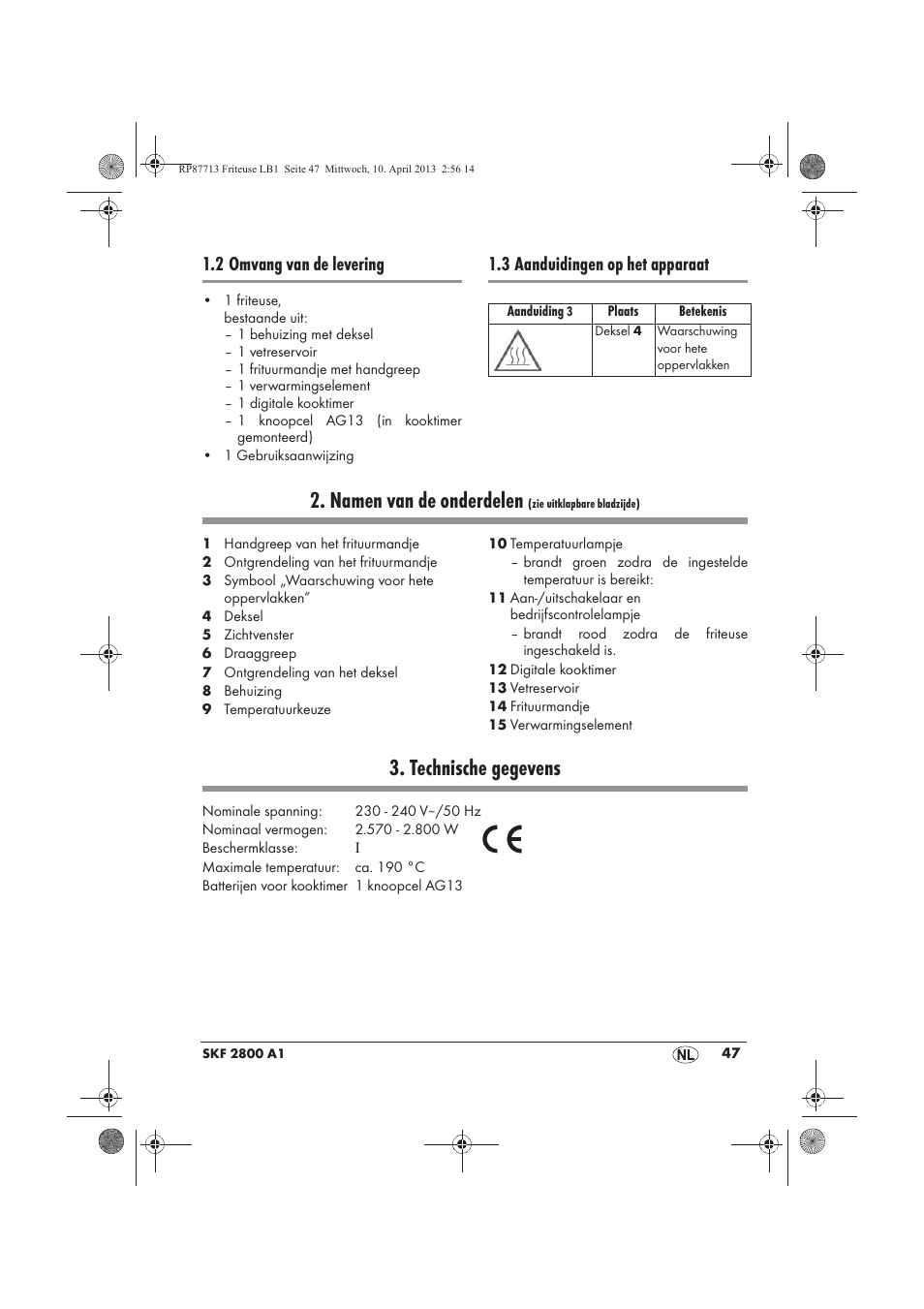 Namen van de onderdelen, Technische gegevens, 2 omvang van de levering | 3 aanduidingen op het apparaat | Silvercrest SKF 2800 A1 User Manual | Page 49 / 78