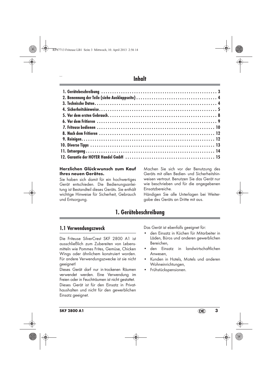 Inhalt, Gerätebeschreibung, 1 verwendungszweck | Silvercrest SKF 2800 A1 User Manual | Page 5 / 78